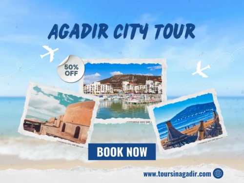 Promotional graphic for an Agadir City Tour featuring polaroid photos of the Agadir Marina, the historic Agadir Oufella Kasbah, and the beautiful Agadir Beach