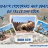 Promotional graphic for the Agadir Crocoparc and Goats on Trees Day Tour, showcasing the giant crocodile sculpture entrance, tourists viewing crocodiles, and the famous goats climbing in argan trees.