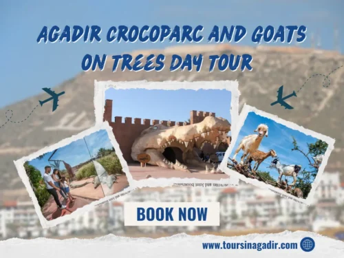 Promotional graphic for the Agadir Crocoparc and Goats on Trees Day Tour, showcasing the giant crocodile sculpture entrance, tourists viewing crocodiles, and the famous goats climbing in argan trees.