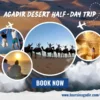 Promotional image for the Agadir Desert Half-Day Trip showing tourists in the sand dunes, camel trekking, and scenic rock formations.