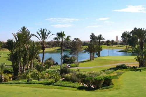 Golf de l’Ocean Agadir 27-hole course featuring lush fairways, eucalyptus trees, and panoramic ocean views.