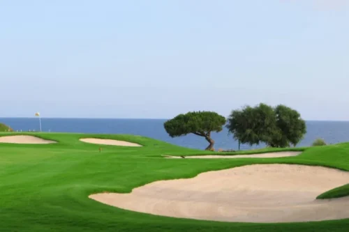 Tazegzout Golf Course in Taghazout Bay featuring lush fairways, Argan trees, and panoramic Atlantic Ocean views.