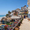 Traditional blue fishing boats resting on the golden sand of Taghazout village, Morocco